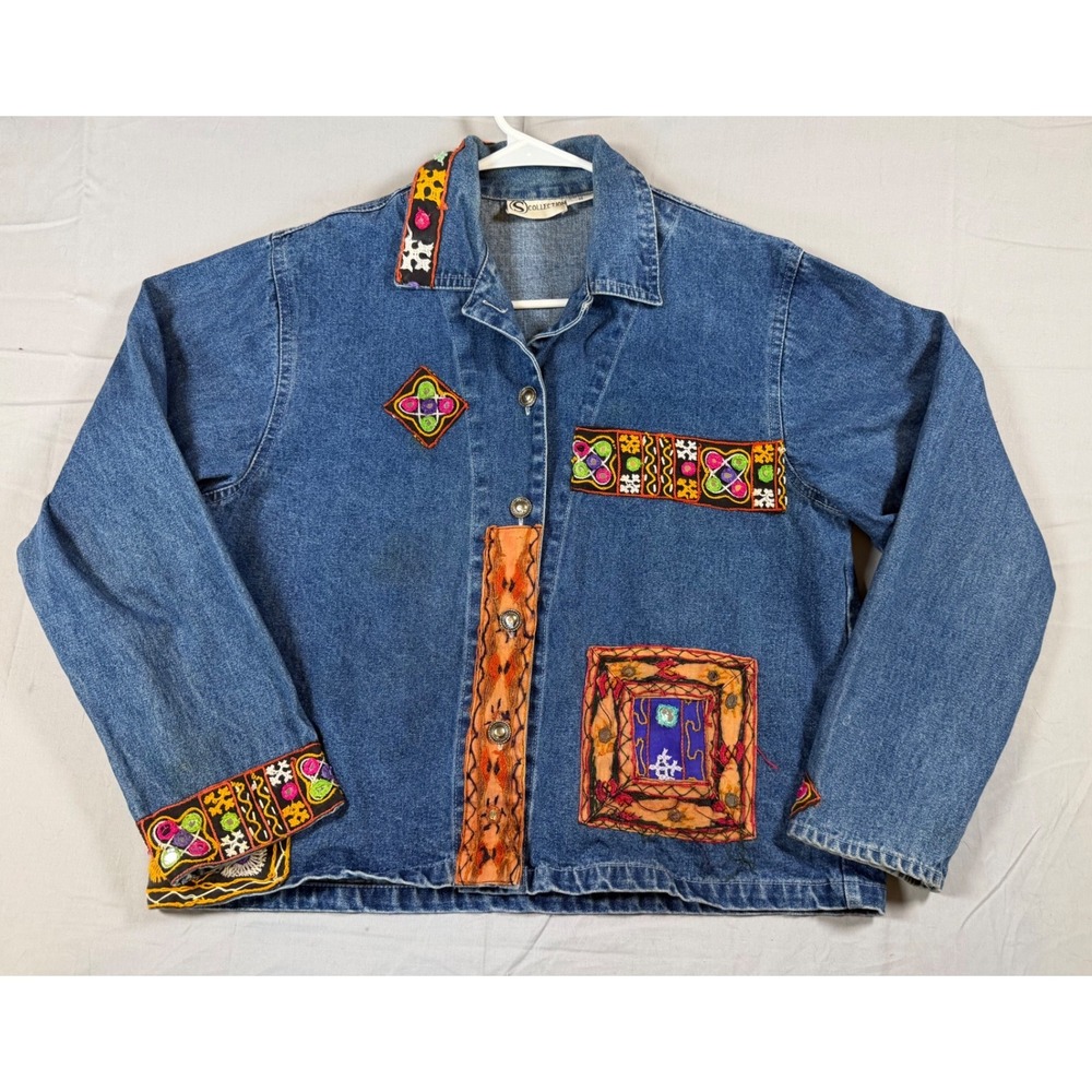 S Collection Denim Jacket Womens Medium Blue Patchwork Embroidered Boho Artisan